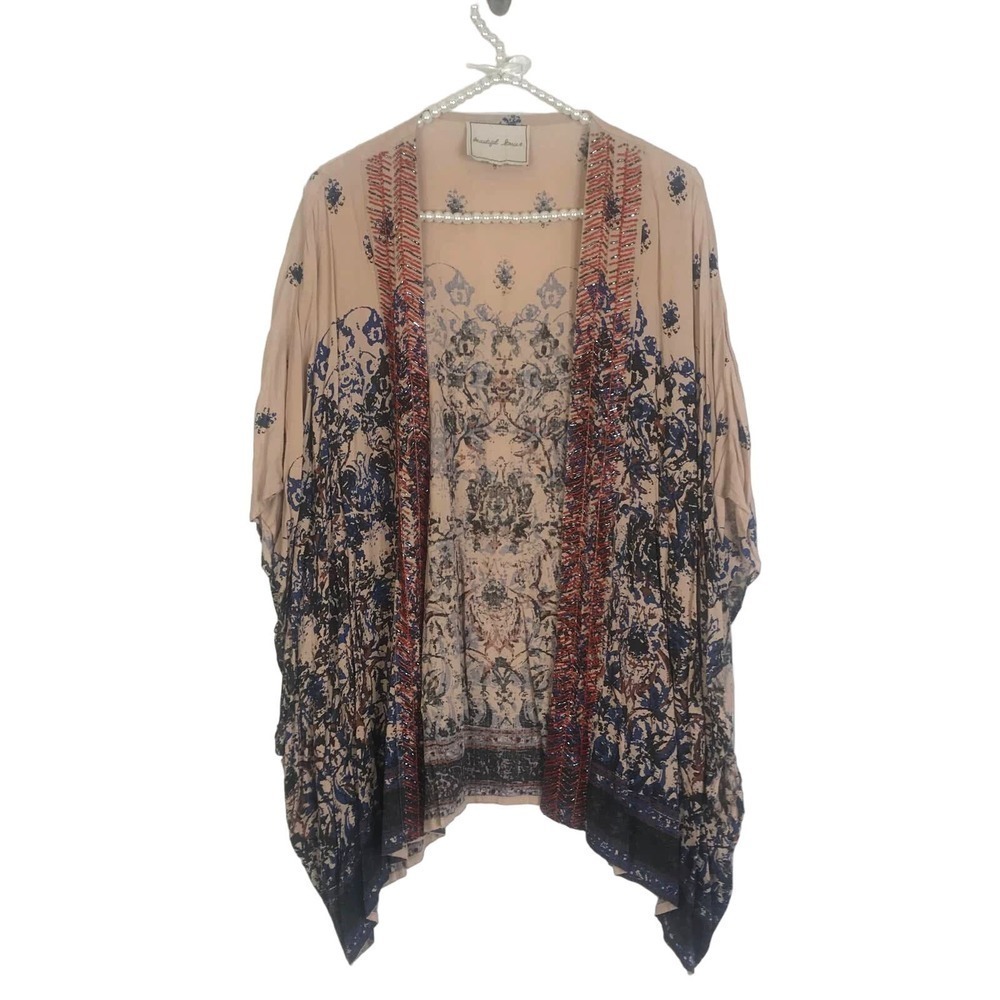 Anthropologie Beautiful Stories Pale Pink Beaded Dolman Sleeve‎ Kimono OSFM